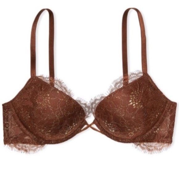 Victoria's Secret Bombshell + 2 cups brown & gold chantilly lace bra